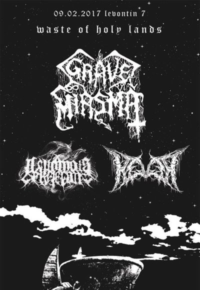flyer of death metal concert in tel aviv featuring grave miasma venomours skeleton and kever